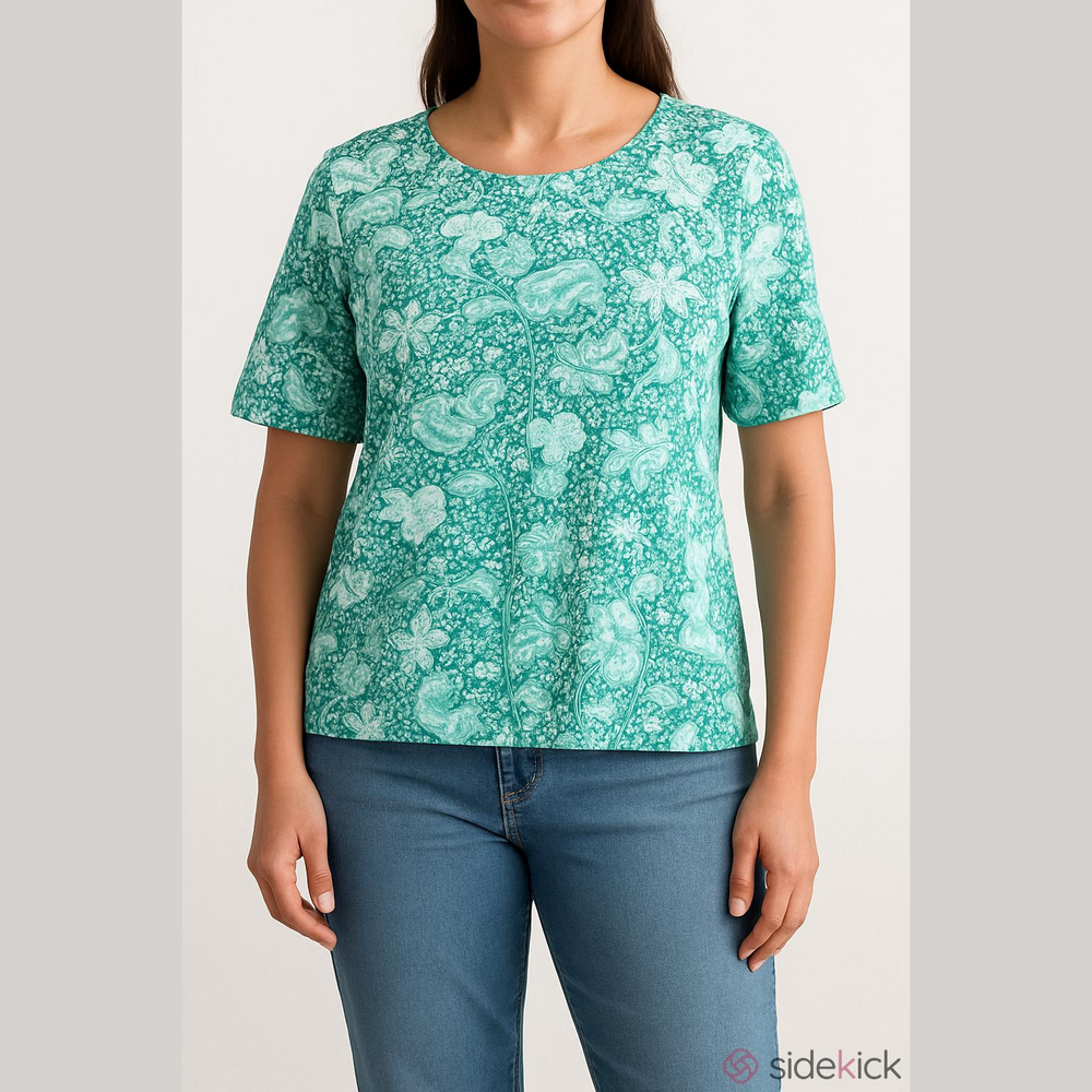 Coral Bay Petite Large Green & White Floral Top